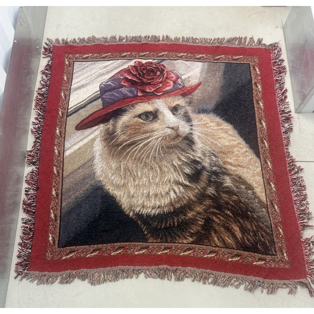 Vintage Cat Tapestry Throw Blanket Woven Fringe Lady Kitty Red Rose Hat